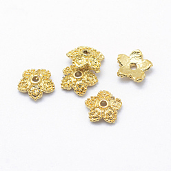Chapado en Oro Real 18K Abalorios de tapas de latón, 5-pétalo, real 18 k chapado en oro, sin plomo, cadmio, níquel, flor, 7.5x2 mm, agujero: 1 mm