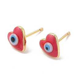 Roja Aretes de corazón esmaltado con mal de ojo, joyas de latón chapado en oro real 18k para mujer, rojo, 8x8 mm, pin: 0.7 mm