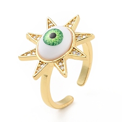 Césped Verde Sol de zirconia cúbica con anillo abierto de mal de ojo con acrílico, joyas de latón chapado en oro real 18k para mujer, sin plomo y cadmio, verde césped, tamaño de EE. UU. 6 1/4 (16.7 mm)