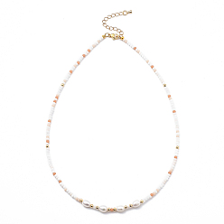 Light Salmon Beaded Necklaces, with Brass Beads, Glass Beads, Natural Pearl Beads and 304 Stainless Steel Lobster Claw Clasps, Golden, Light Salmon, 17.91 inch(45.5cm)
