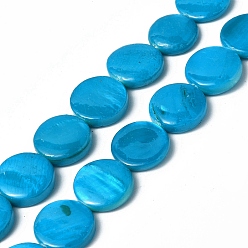 Dodger Blue Spray Painted Natural Freshwater Shell Beads Strands, Flat Round, Dodger Blue, 12.5x3mm, Hole: 1mm, about 32pcs/strand, 15.63 inch(39.7cm)