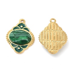 Green Enamel Pendants, with 304 Stainless Steel Finding and Acrylic Cabochon, Real 18K Gold Plated, Rhombus Charm, Green, 24.5x18.5x5.5mm, Hole: 1.5mm