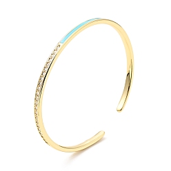 Cyan Clear Cubic Zirconia Open Cuff Bangle with Enamel, Real 18K Gold Plated Brass Jewelry for Women, Cadmium Free & Nickel Free & Lead Free, Cyan, Inner Diameter: 2-1/8 inch(5.5cm)