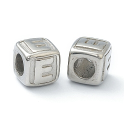 Letter E 304 Stainless Steel European Beads, Large Hole Beads, Horizontal Hole, Cube with Letter, Stainless Steel Color, Letter.E, 8x8x8mm, Hole: 4mm