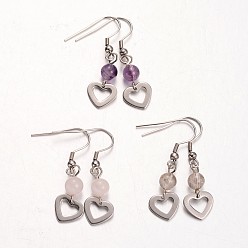 Mixed Stone Heart Natural Gemstone Dangle Earrings, with 304 Stainless Steel Earring Hooks, 41mm, Pin: 0.6mm