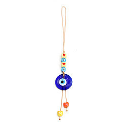 Royal Blue Flat Round with Evil Eye Glass Pendant Decorations, Polyester Braided Hanging Ornament, Royal Blue, 210mm