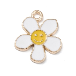 Blanc Pendentifs en émail , or et de lumière, fleur avec breloque visage souriant, blanc, 21.5x18x1.5mm, Trou: 2mm