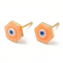 Orange Hexagone en émail avec clous d'oreilles mauvais œil, bijoux en laiton plaqué or véritable 18k pour femmes, orange, 8x9mm, pin: 0.8 mm