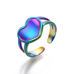 Rainbow Color 304 Stainless Steel Heart Cuff Rings, Wide Band Rings, Open Rings for Women Girls, Rainbow Color, US Size 7(17.9mm)