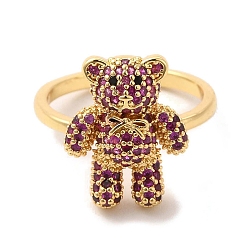 Dark Orchid Cubic Zirconia Bear Open Cuff Ring, Golden Brass Jewelry for Women, Dark Orchid, US Size 7 1/4(17.5mm)