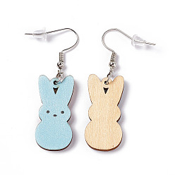 Light Blue Rabbit Wooden Dangle Earrings, Platinum Tone Iron Earring with Ear Nut for Women, Light Blue, 52mm, Pin: 0.7mm, Pendant: 31x14.5x2.7mm
