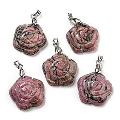 Rhodonite Natural Rhodonite Carved Pendants, Flower Charms with Rack Plating Platinum Plated Brass Pinch Bails, 30x22.5x7.5mm, Hole: 4.5x4mm
