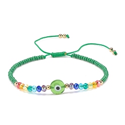 Green Lampwork Evil Eye & Glass Beaded Bracelet, Braided Adjustable Bracelet for Women, Green, Inner Diameter: 2-1/2~3-7/8 inch(6.2~9.7cm)