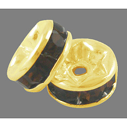 Smoked Topaz Brass Grade A Rhinestone Spacer Beads, Golden Plated, Rondelle, Nickel Free, Smoked Topaz, 4x2mm, Hole: 0.8mm