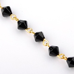Черный Ручной конус стеклянные бусы цепи для ожерелья браслеты делает, с золотым штифтом для глаз, несварные, чёрные, 39.3 дюйм, бусины : 6 мм