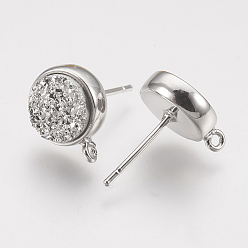 Silver Brass Ear Stud Findings, with Druzy Resin Cabochon and Loop, Flat Round, Platinum, Silver, 12.5x10mm, Hole: 1mm, Pin: 0.7mm