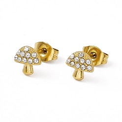 Oro Aretes de hongo con diamantes de imitación de cristal, chapado al vacío 304 joyería de acero inoxidable para mujer, dorado, 5.5x7 mm, pin: 0.8 mm