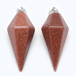 Goldstone Synthetic Goldstone Pointed Pendants, with Brass Findings, Bullet, Platinum, 38.5x16x14.5mm, Hole: 5x8mm