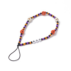 Coloré Sangles mobiles en perles de verre halloween, avec des perles turquoises synthétiques, décoration d'accessoires mobiles anti-perte de fil de nylon, mot boo/crâne, colorées, 19 cm