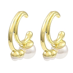 Real 18K Gold Plated Rack Plating Brass Cuff Earrings with Plastic Pearl Beaded, Long-Lasting Plated, Lead Free & Cadmium Free, Real 18K Gold Plated, 23x17x7mm