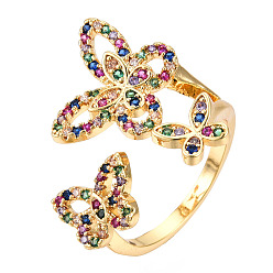 Colorful Cubic Zirconia Triple Butterfly Open Cuff Rings, Real 18K Gold Plated Brass Wide Ring for Women, Nickel Free, Colorful, US Size 7 3/4(17.9mm)