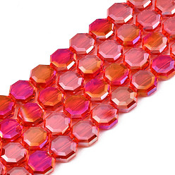 Roja Electroplate transparentes cuentas de vidrio hebras, color de ab chapado, facetados, octágono, rojo, 7~8x7~8x4 mm, agujero: 1.2 mm, sobre 72 unidades / cadena, 20.47 pulgada (52 cm)