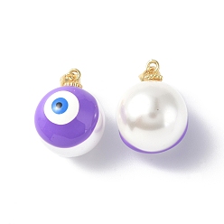 Blue Violet Shell Enamel Pendants, with Real 18K Gold Plated Brass Findings, Long-Lasting Plated, Round with Evil Eye Charm, Blue Violet, 20x16x17mm, Hole: 3.5x4.5mm