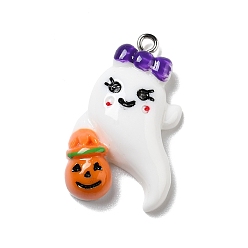 White Halloween Opaque Resin Pendants, with Platinum Tone Iron Loops, Ghost with Pumpkin, White, 32x19x5.5mm, Hole: 2mm