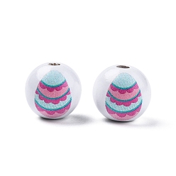 Egg Easter Theme Printed Wooden Beads, Round, Flamingo, Easter Theme Pattern, 15.5~16x15mm, Hole: 3.5mm
