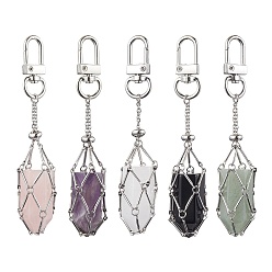 Platinum Brass Macrame Pouch Stone Holder Pendant Decoration, with Bullet Shape Natural Mixed Gemstone and Alloy Swivel Clasps, Platinum, 100mm