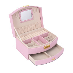 Pearl Pink 2-Tier Imitatoin Leather Jewelry Organizer Storage Drawer Boxes, with Mirror Inside, Rectangle, Pearl Pink, 20x16x10.5cm