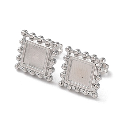 Stainless Steel Color 304 Stainless Steel Stud Earring Settings, Square Ear Studs with Granulated Edge, Stainless Steel Color, Tray: 6x6mm, 11.5x11.5mm, Pin: 0.7mm