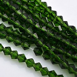 Зеленый Граненые двухконусные стеклянные бусины, зелёные, 4x4 мм, отверстие : 1 мм, около 92~96 шт / нитка, 13.78~14.37 дюйм