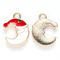White Alloy Enamel Pendants, for Christmas, Moon with Christmas Hat, Light Gold, White, 20x16x2mm, Hole: 2mm