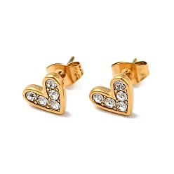Crystal Heart 304 Stainless Steel Rhinestone Stud Earrings, 316 Surgical Stainless Steel Pin Ear Studs, with Ear Nuts, Golden, Crystal, 7x8.5mm, Pin: 0.7mm