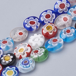 Color mezclado Hilos hechos a mano millefiori lampwork beads, oval, color mezclado, 10x8x3 mm, agujero: 0.8 mm, sobre 37 unidades / cadena, 13.7 pulgada