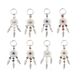 Mixed Stone Natural & Synthetic Gemstone Keychain, with Iron, 304 Stainless Steel & Alloy Findings, Woven Net/Web with Feather, 11.4~11.8cm, 8pcs/set