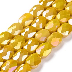 Verge D'or Brins de perles de verre plaquées à facettes, de couleur plaquée ab , couleur unie opaque, ovale, verge d'or, 10.5x8x5mm, Trou: 1.5mm, Environ 58~60 pcs/chapelet, 25.59 pouce (65 cm)