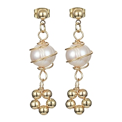 Real 18K Gold Plated Natural Pearl Dangle Stud Earrings, Brass Wire Wrap Earrings for Woman, Real 18K Gold Plated, 37x11mm