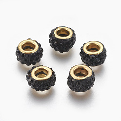 Negro Abalorios europeos de arcilla de polímero hecho a mano, abalorios de grande agujero, con núcleo de cobre amarillo, plano y redondo, dorado, negro, 11.5x7 mm, agujero: 5 mm