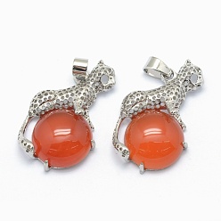 Carnelian Natural Carnelian Pendants, with Alloy Findings, Leopard, Dyed, Platinum, 33.5x20x7mm, Hole: 4x6mm