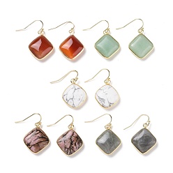 Mixed Stone Natural & Synthetic Mixed Stone Dangle Earrings, Square, with Brass Findings, Lead Free & Cadmium Free, Golden, 35mm, Pin: 0.6mm