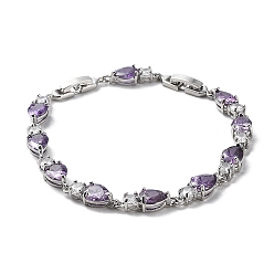 Medium Purple Noble Gift Ideas for Lady Platinum Plated Brass Micro Pave Cubic Zirconia CZ Teardrop Link Chain Bracelets, with Watch Band Clasps, Medium Purple, 180x6mm