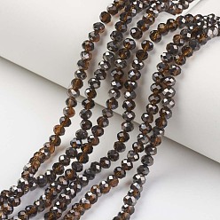 Sienna Electroplate Transparent Glass Beads Strands, Half Black Plated, Faceted, Rondelle, Sienna, 4x3mm, Hole: 0.4mm, about 123~127pcs/strand, 16.5~16.9 inch(42~43cm)