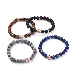 Pierre Mélangete Bracelets extensibles de perles de pierre gemme naturelle Bouddha, avec des perles en laiton, 2-1/8 pouces (54 mm)