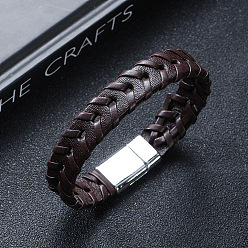 Coconut Brown Leather Woven Flat Cord Bracelets, with Magnetic Clasp, Coconut Brown, 8-7/8 inch(22.5cm)