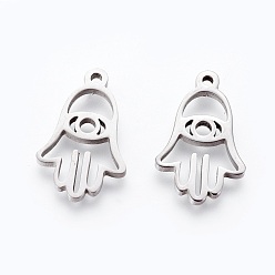 Stainless Steel Color 201 Stainless Steel Pendants, Manual Polishing, Hamsa Hand/Hand of Miriam with Eye, Stainless Steel Color, 17x11x1.5mm, Hole: 1.2mm