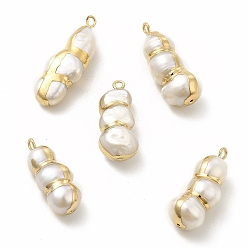 Light Gold Baroque Natural Keshi Pearl Pendants, Gourd Charms, with Brass Loops, Light Gold, 24~30x9~11x8~11mm, Hole: 1.6mm