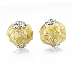 Jaune Perles Indonésiennes manuelles, avec les accessoires en métal, ronde, argent antique, jaune, 19x18mm, Trou: 1.5mm