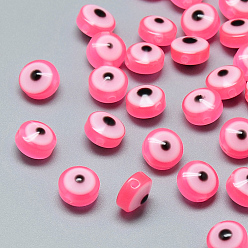 Rose Chaud Perles en résine, plat rond, mauvais œil, rose chaud, 10~11x5~7mm, Trou: 2mm
